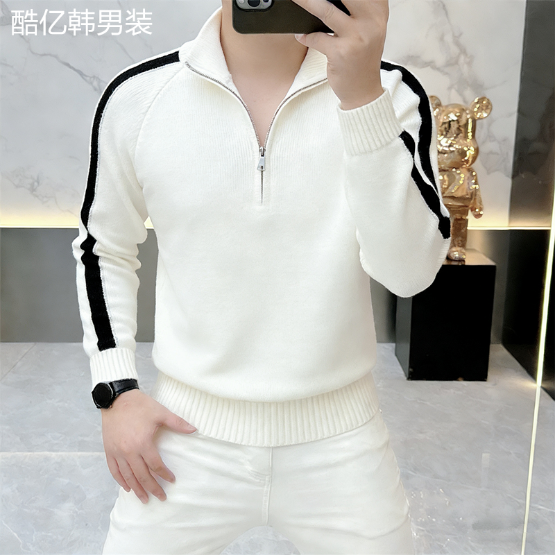 欧货轻奢高品质秋冬款长袖毛衣高领男士条纹半拉链POLO针织衫