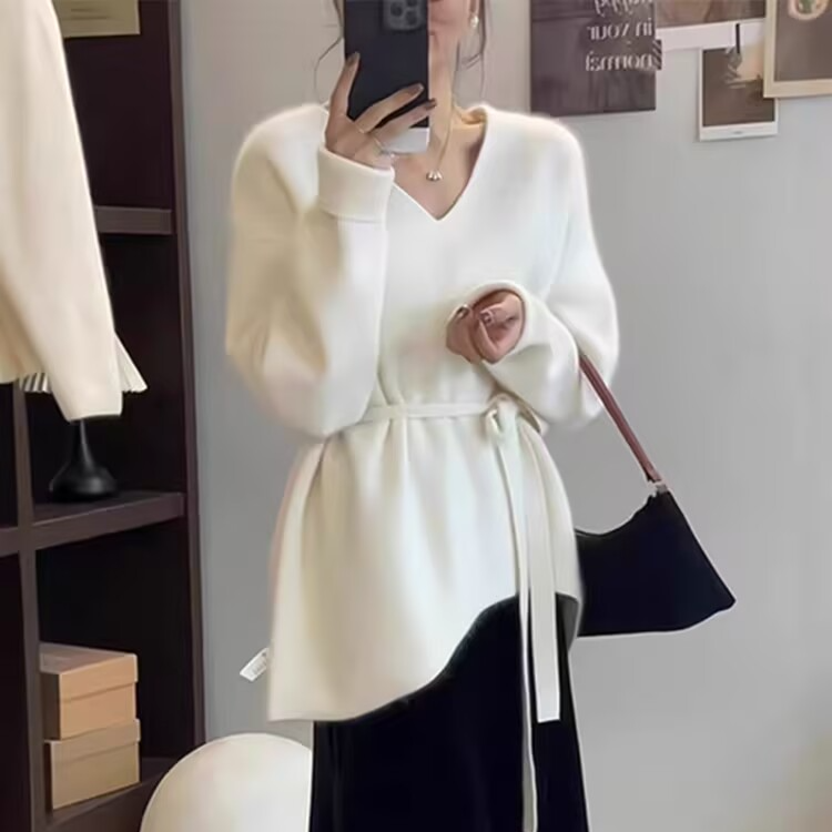 时尚秋冬慵懒风系带收腰毛衣女美式秋季新款宽松显瘦百搭针织上衣