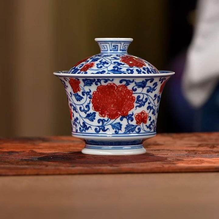 【小乔赏瓷1】堂钟正青花釉里红缠枝马蹄盖碗1