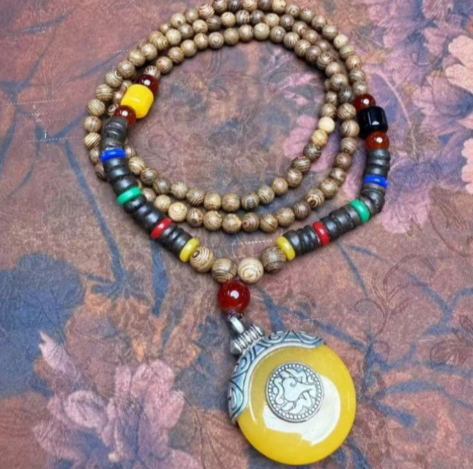 0489-多圈黄玉牌黄花梨吊坠手串(无礼盒)愿