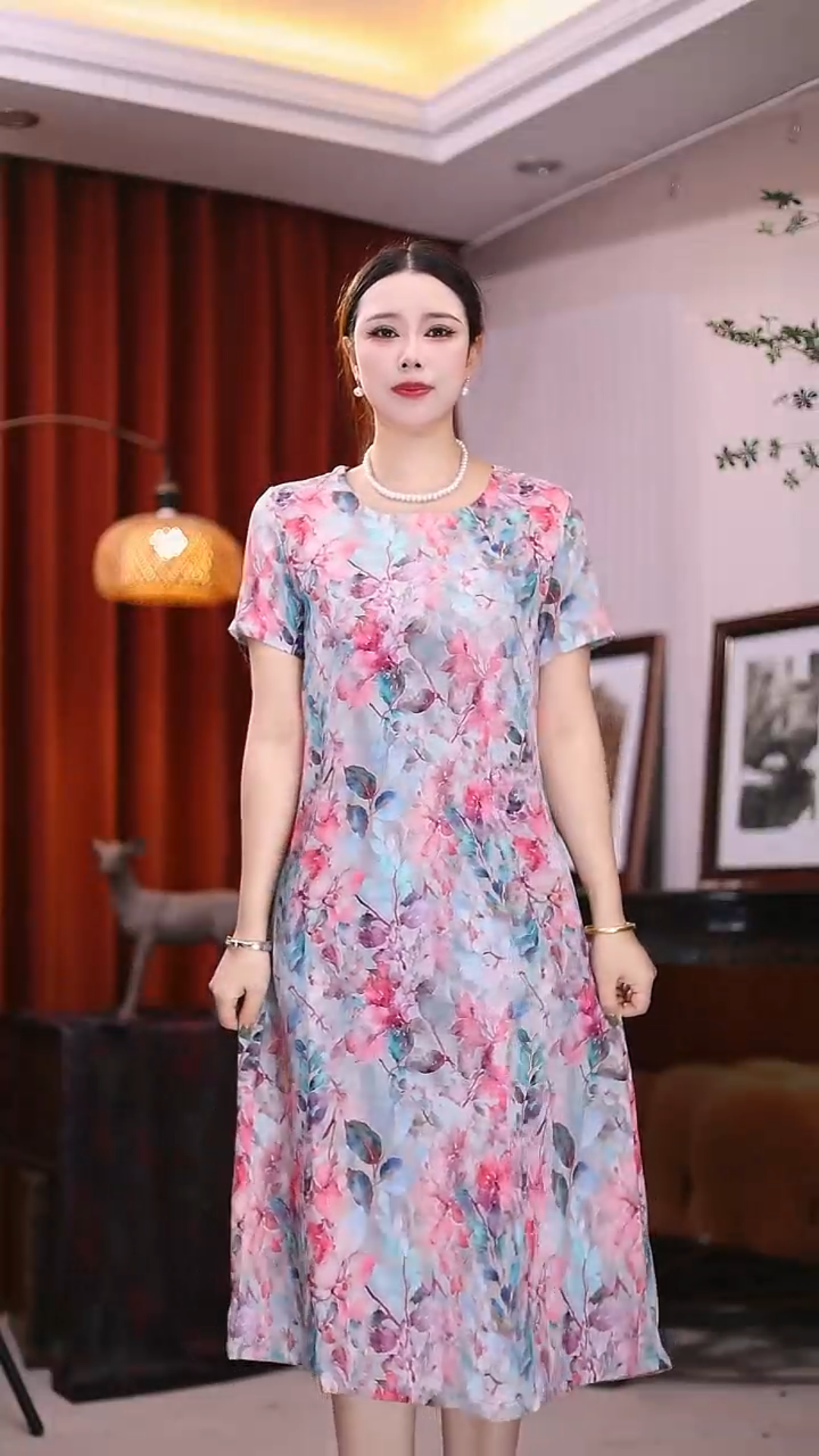 A13-（如花似锦）中长款复古女士中老年女装法式休闲棉绸过膝长裙