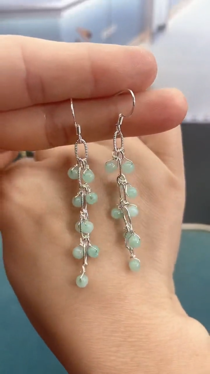 银S925镶嵌翡翠耳饰4mm翡翠兰流苏鞭炮