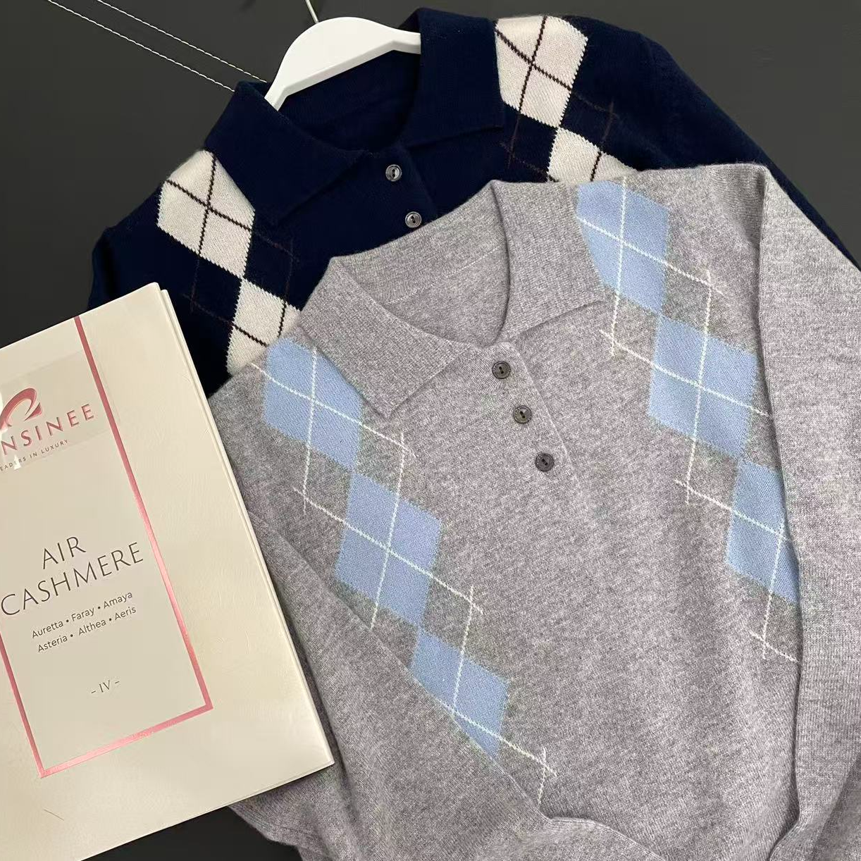 2025秋冬季新款miu风100纯山羊绒POLO领菱形格提花针织上衣