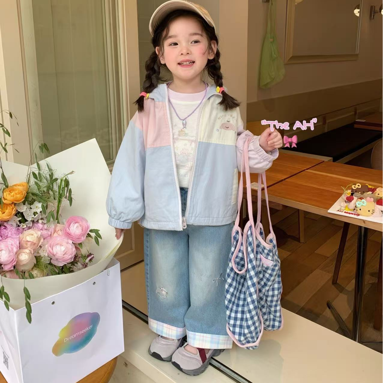 AH·26春～拼色KT外套粉边印花打底衫格子边刺绣牛仔套装66109（汉服