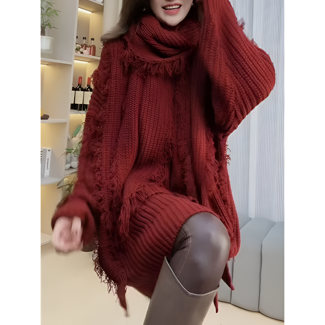 2025秋冬新款加厚重工流苏v领毛衣带围巾两件套女慵懒风开叉上衣
