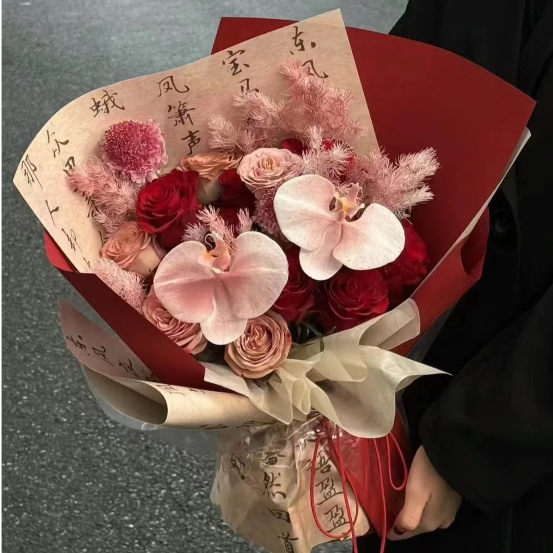 新中式国风花束/16朵红玫瑰混搭卡布奇诺送爱人送朋友送老婆花店鲜花配送上门