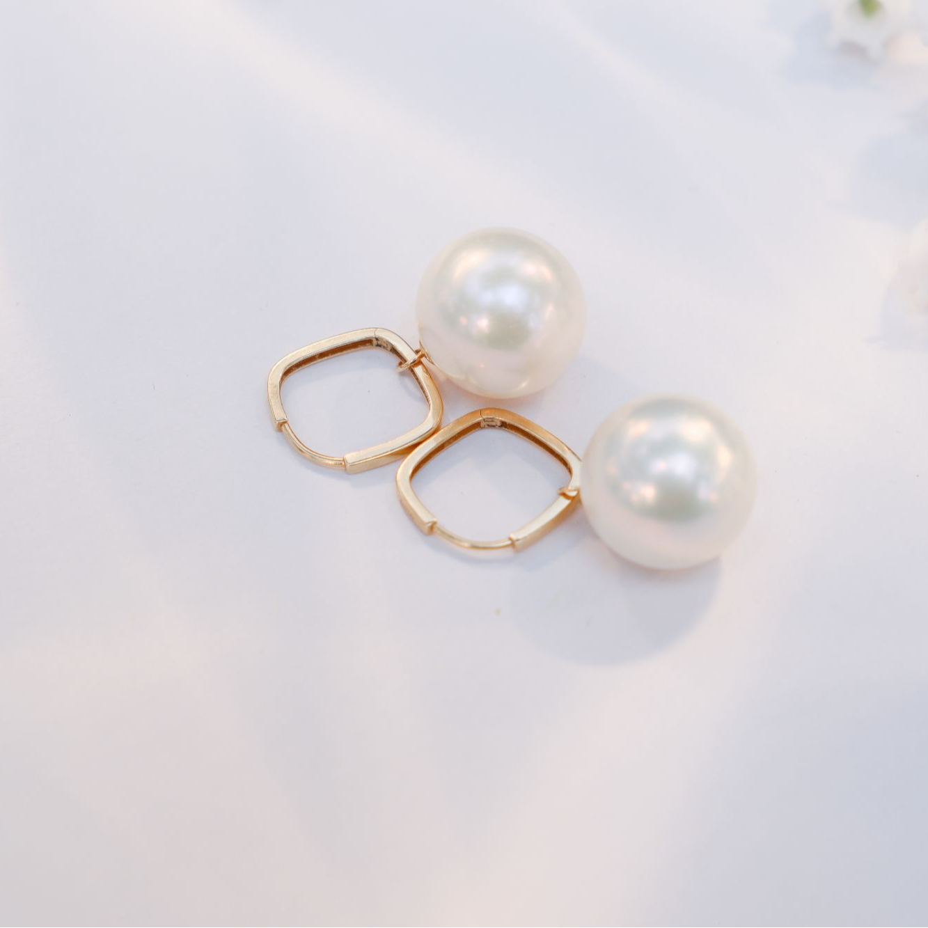 淡水珍珠18k方形花环耳扣13-14mm