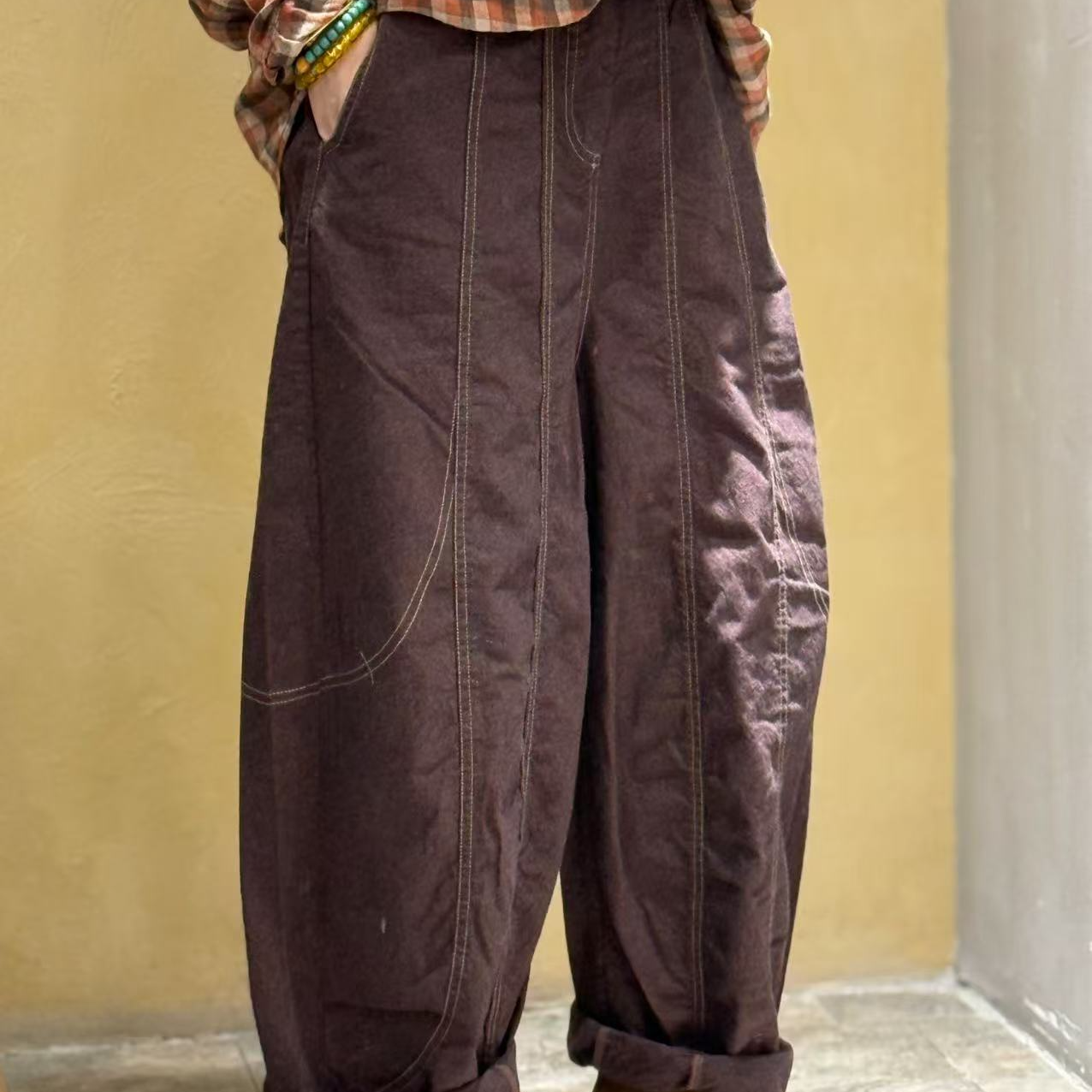 2025春季新款色织多双针压线休闲裤241245-1百搭时尚复古松紧腰