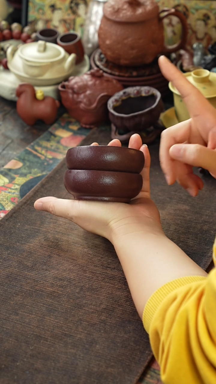 老料石红光素普洱紫砂对杯