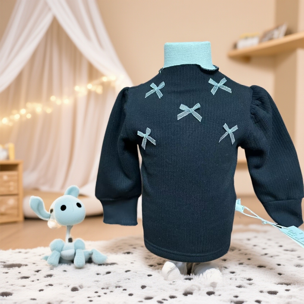 纯色女圆领休闲风长袖毛衣针织衫加绒女童连衣裙冬款蝴蝶结