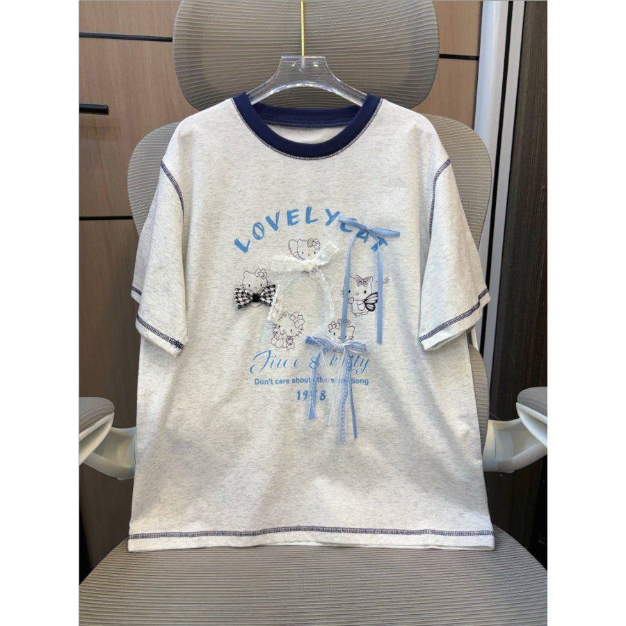 【清货】2025夏韩版立体蝴蝶结拼色短袖T恤(95%棉) D525 525 M