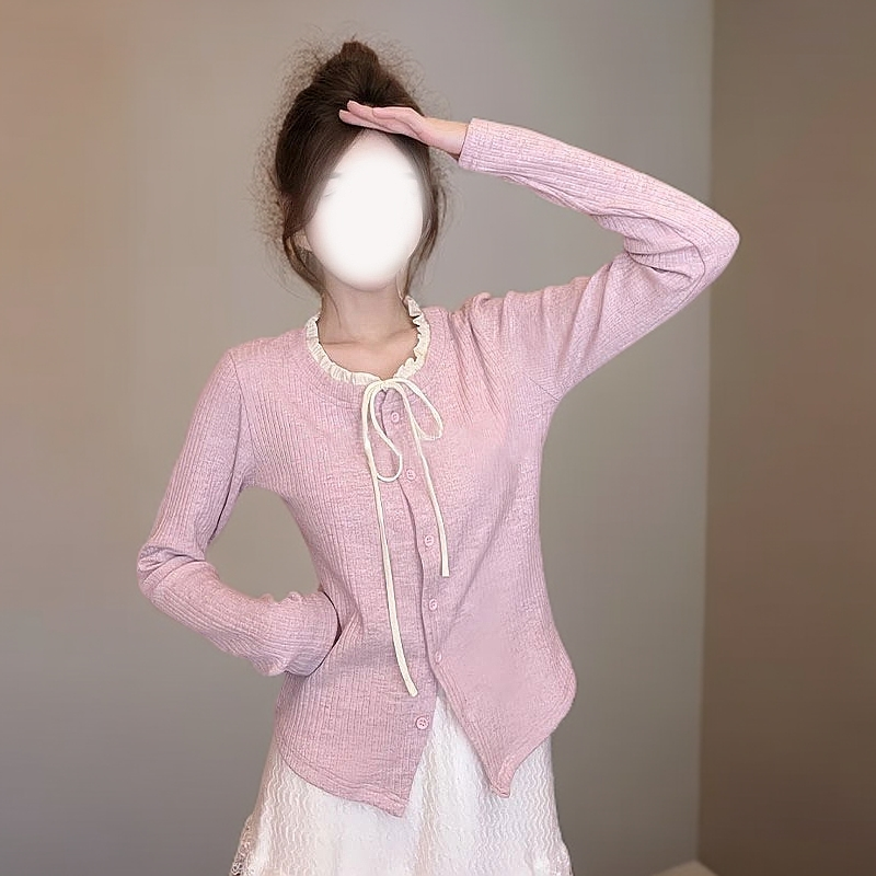 2025新款初秋甜美减龄宽松型显瘦风蕾丝拼接长袖温柔打底外穿上衣