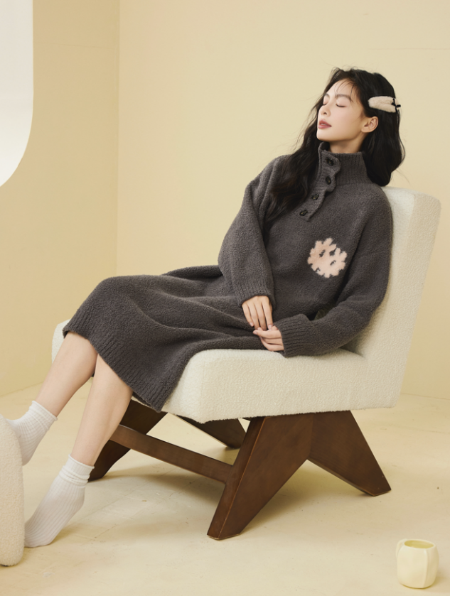 半边绒网红睡裙翻领冬季成人长款百搭韩版纯色中长款厚款时尚保暖