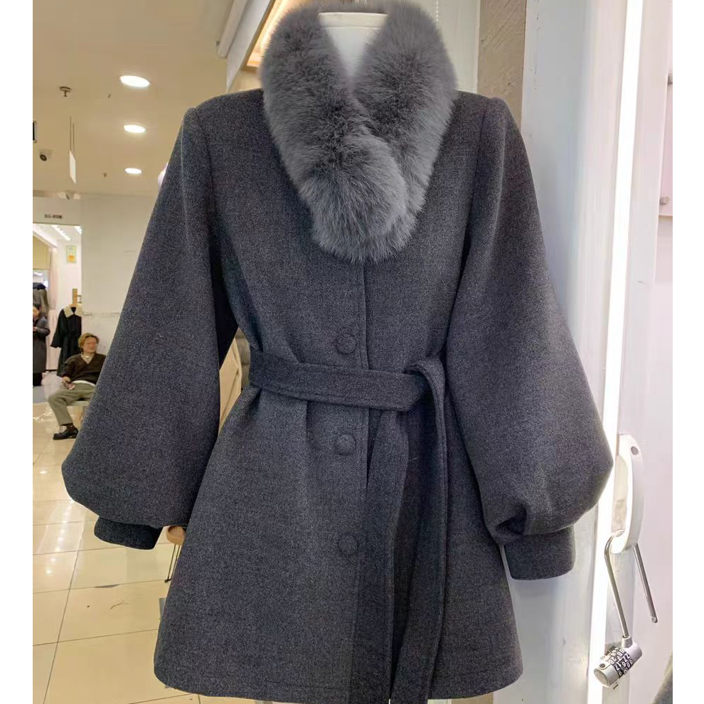 毛领呢子大衣外套羽绒内胆加绒加厚白鸭绒韩版收腰显瘦风衣