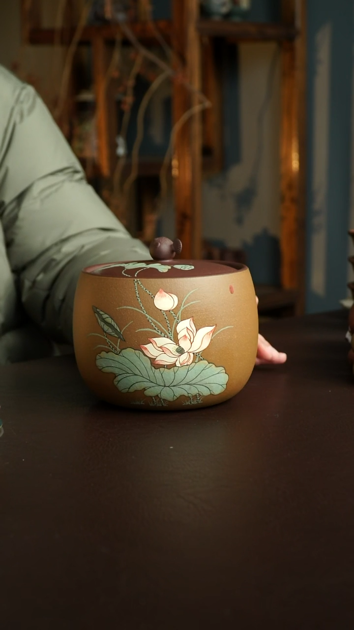 茶杯紫砂83号 荷花茶叶罐300克 宜兴紫砂原矿作品