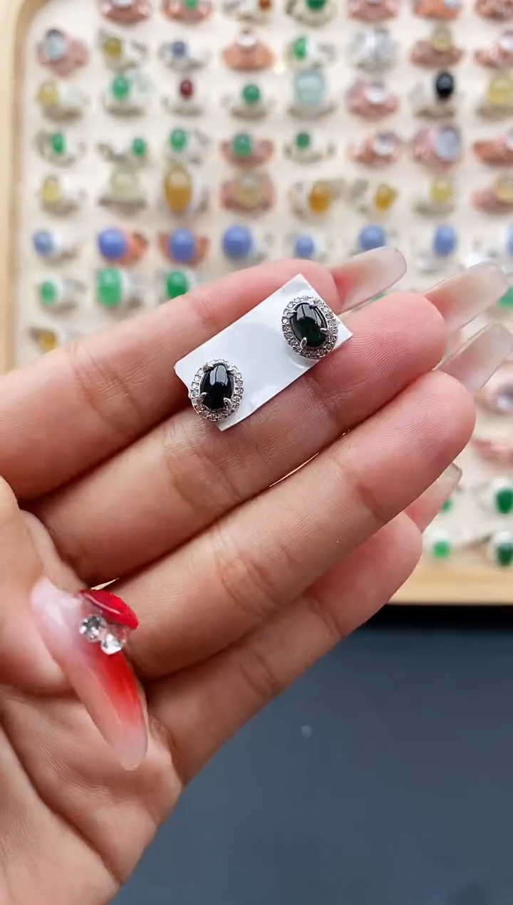 【闪购商品】翡翠耳饰银S925镶嵌缅甸天然A货翡翠333 2+