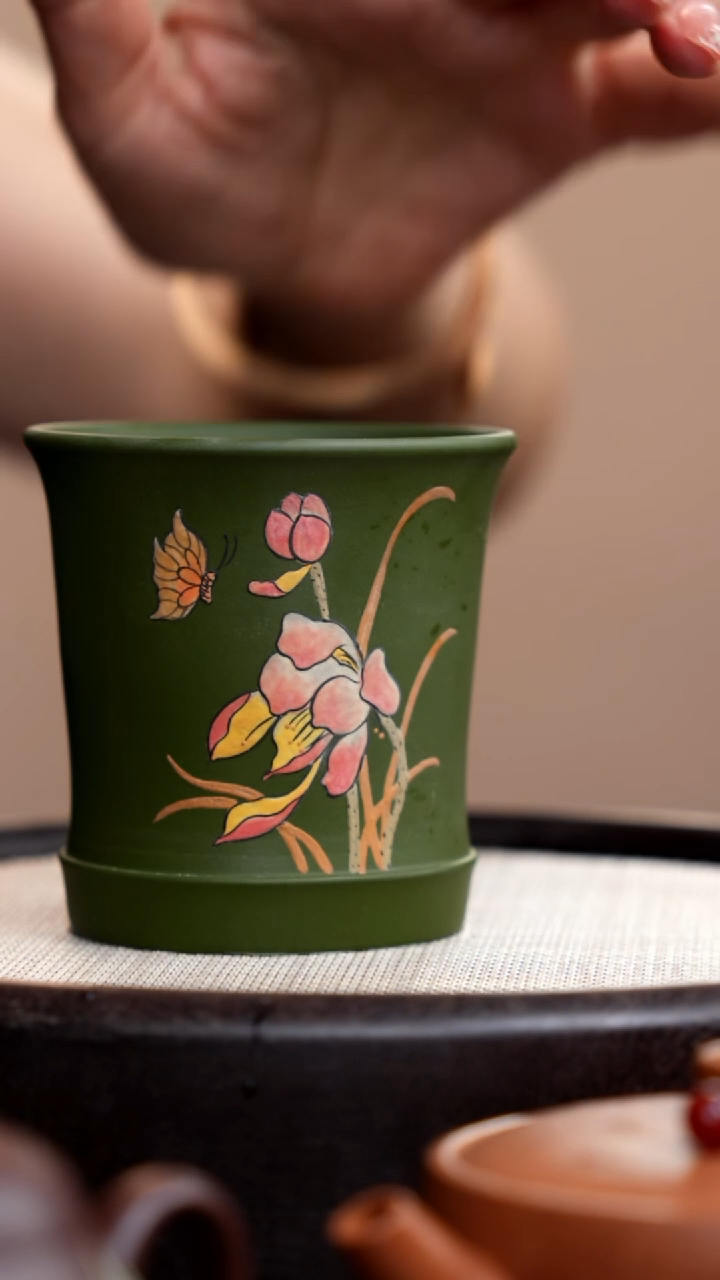 茶壶紫砂民国绿竹节杯蝶恋花