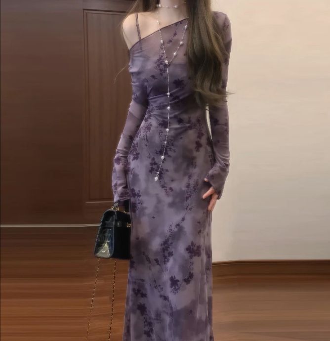 （两件套）新中式国风复古紫色碎花长袖连衣裙气质高级收腰修身3327