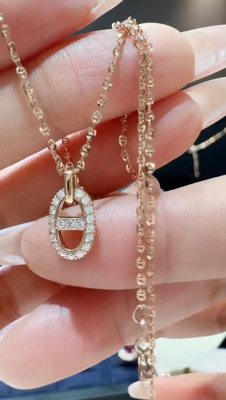 【闪购商品】钻石项链18K金镶嵌猪鼻子吊坠+45cm猪鼻子素链玫瑰金