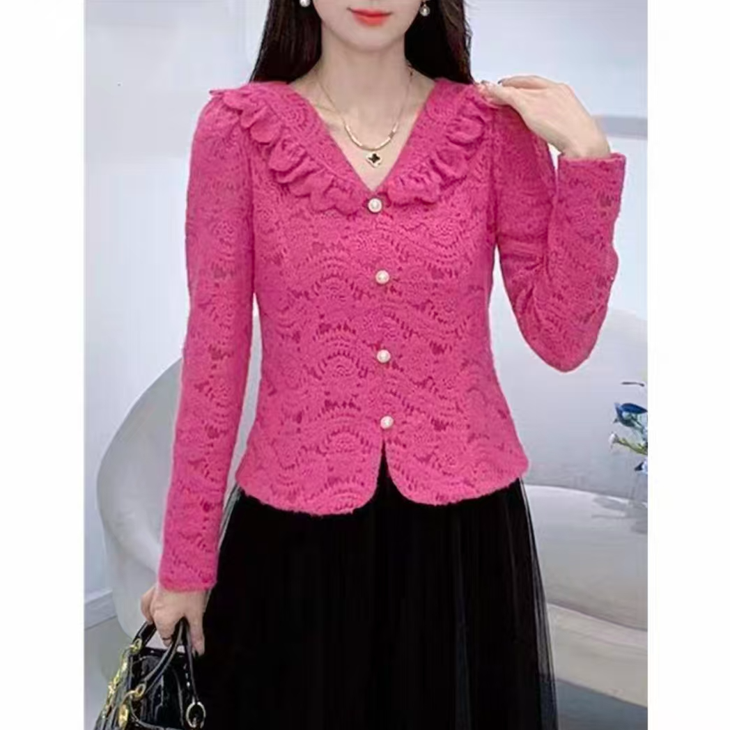 2025秋冬新款长袖气质显瘦蕾丝打底衫时尚洋气女上衣6519长54