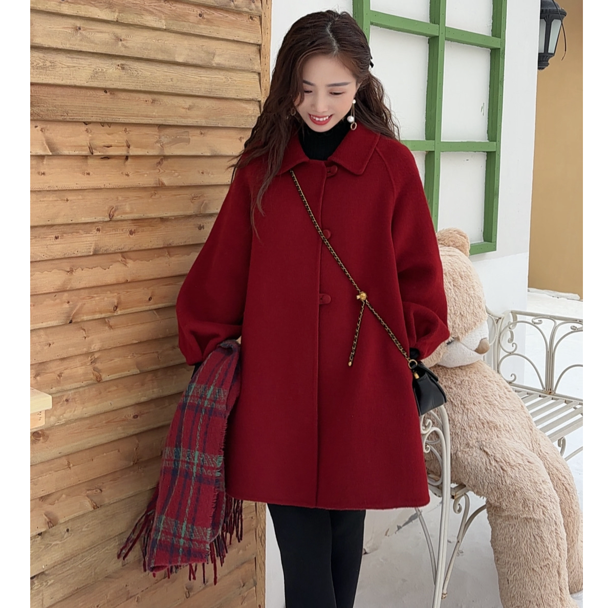 灯笼袖A字版娃娃领羊毛外套秋冬加厚羊毛外套大衣2511