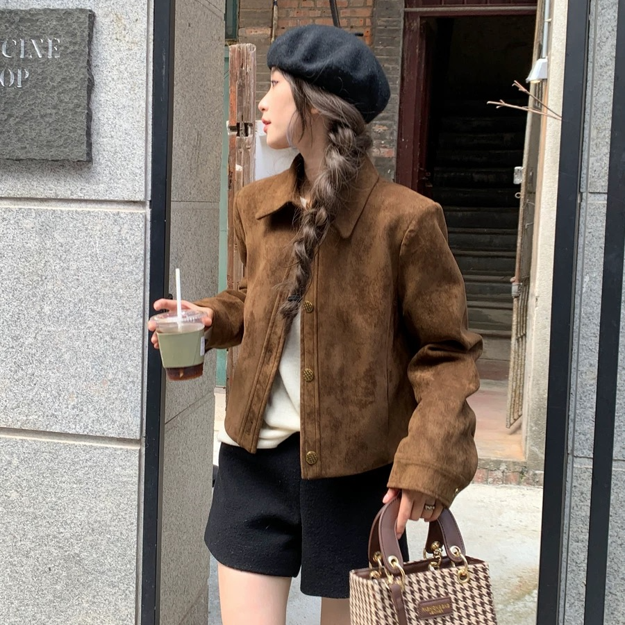 【bbo推荐】复古麂皮绒飞行服上衣女夹克短外套女