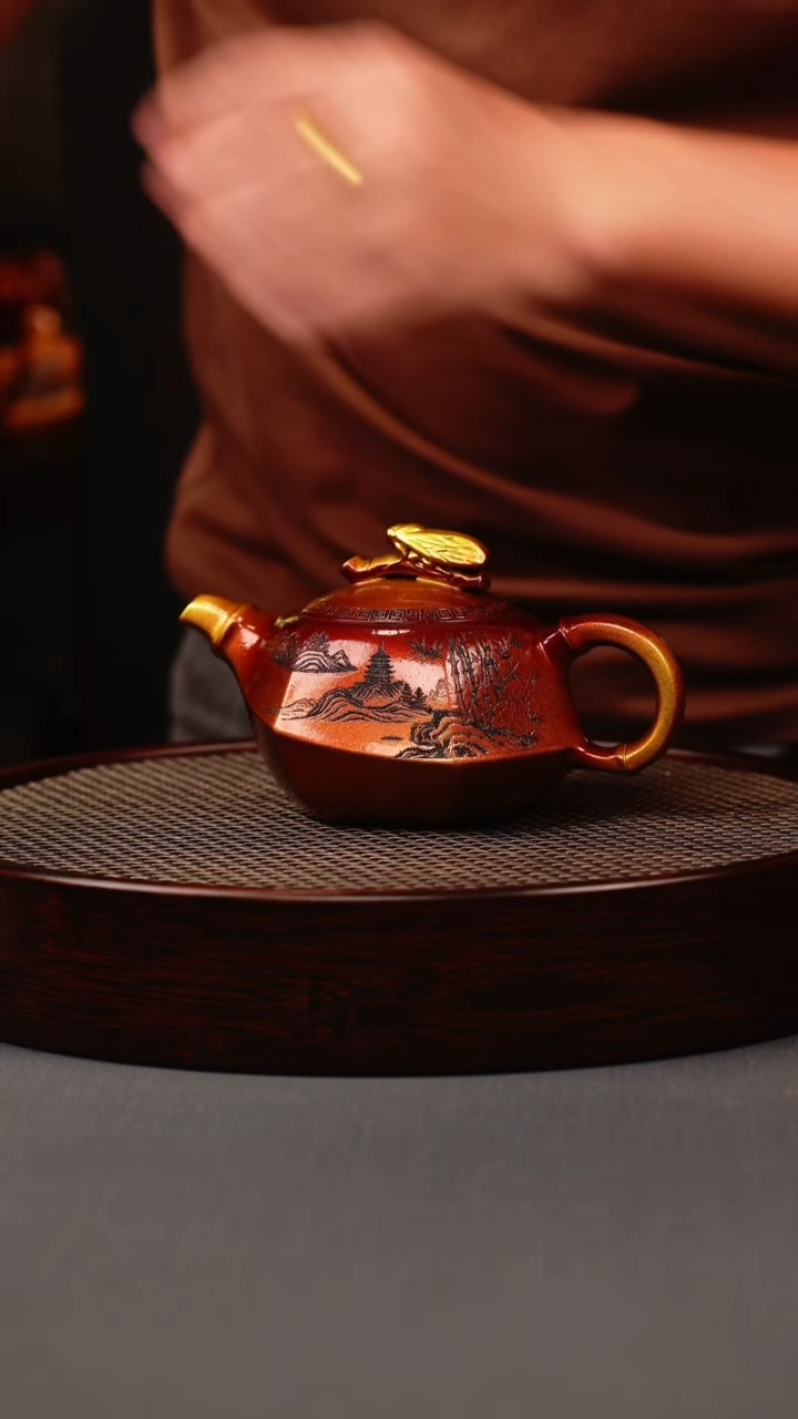 茶壶紫砂贝壳烧 知足常乐 刻绘