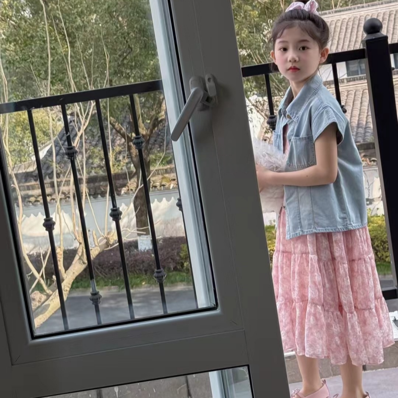女童套装夏季新款儿童雪纺碎花连衣裙女孩洋气休闲牛仔短袖两件套