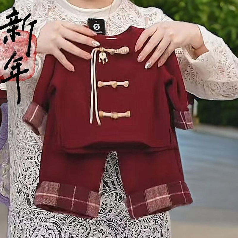 儿童拜年服汉服安哥拉红冬男女宝宝新年加绒加厚中国风旗袍裤套装