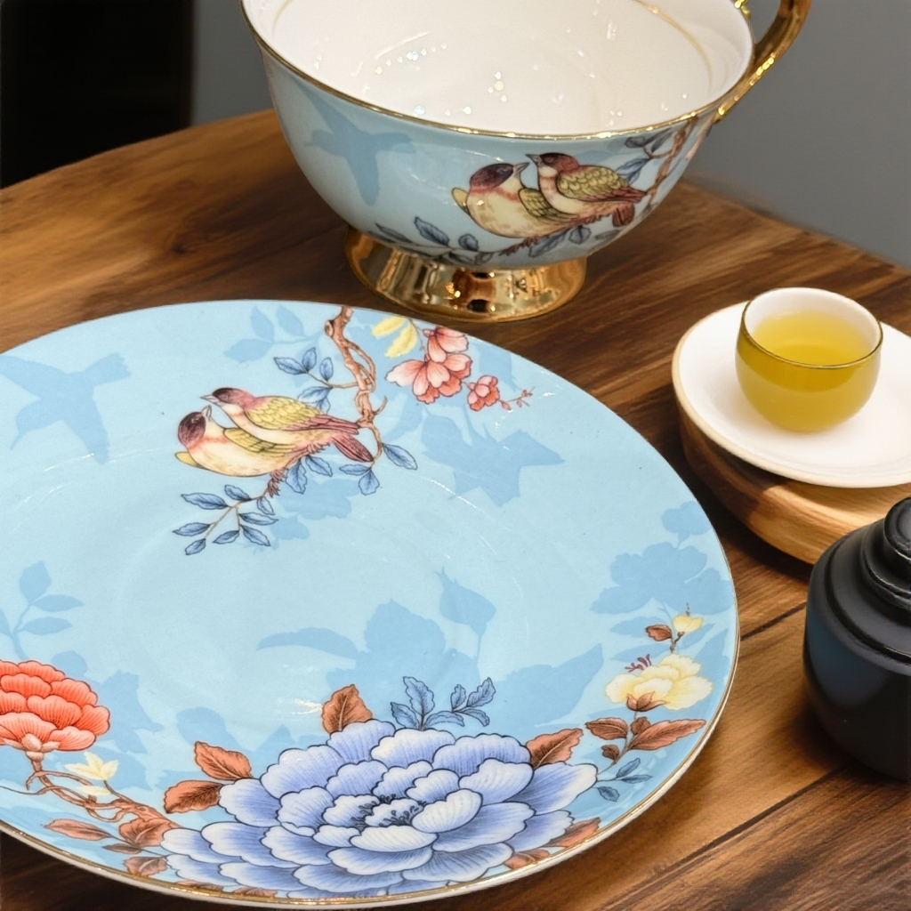 高档精致欧式骨瓷咖啡杯碟适合结婚送礼家用下午茶（百鸟朝凤蓝）