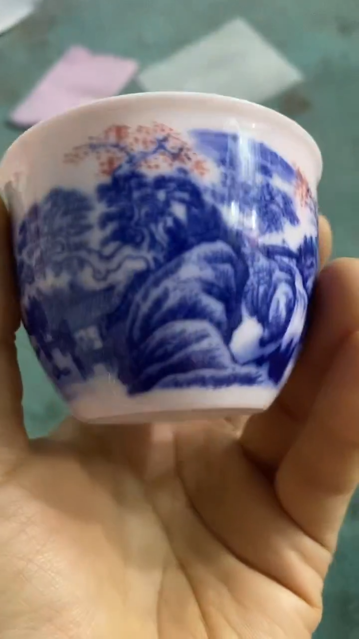 摆件瓷青花釉里红山水小缸杯