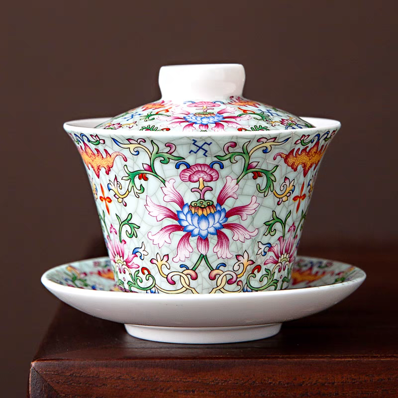 珐琅彩旋转悬停三才盖碗茶杯单个家用轻奢高档防烫泡茶具功夫茶碗