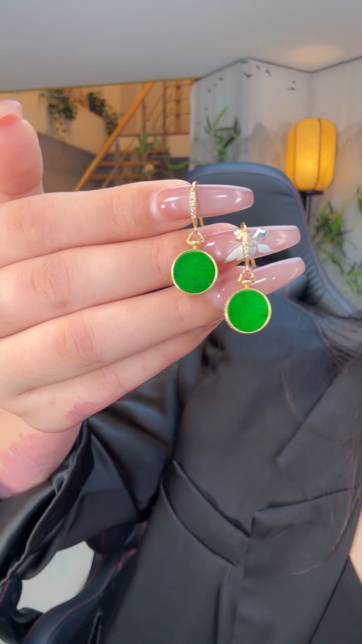 翡翠银S925镀金镶嵌耳饰天然缅甸翡翠A货耳环