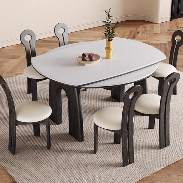 岩板餐桌椅组合意式极简可变圆桌家用方圆两用伸缩实木复古餐桌