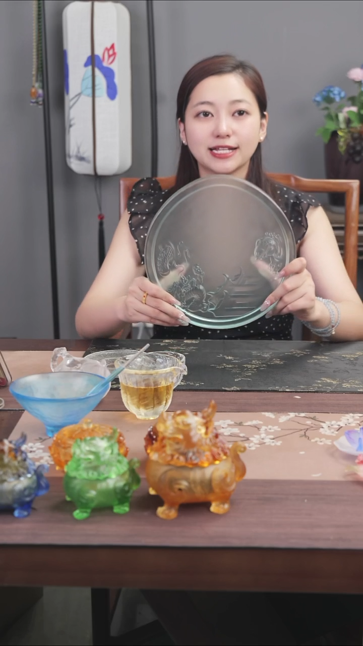 手工艺品琉璃天青色鲤鱼跃龙门茶盘