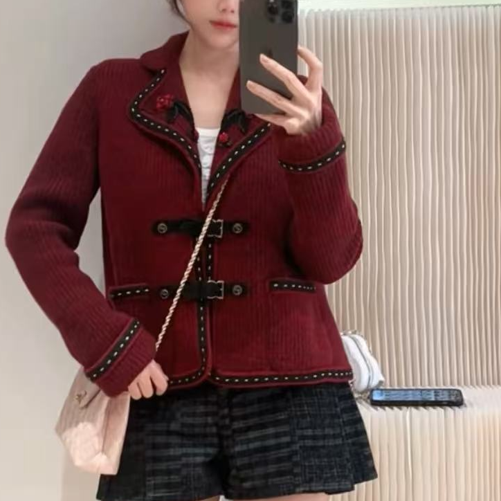 99新 Chanel/香奈儿 15A萨尔斯堡浆果红针织开衫36码 