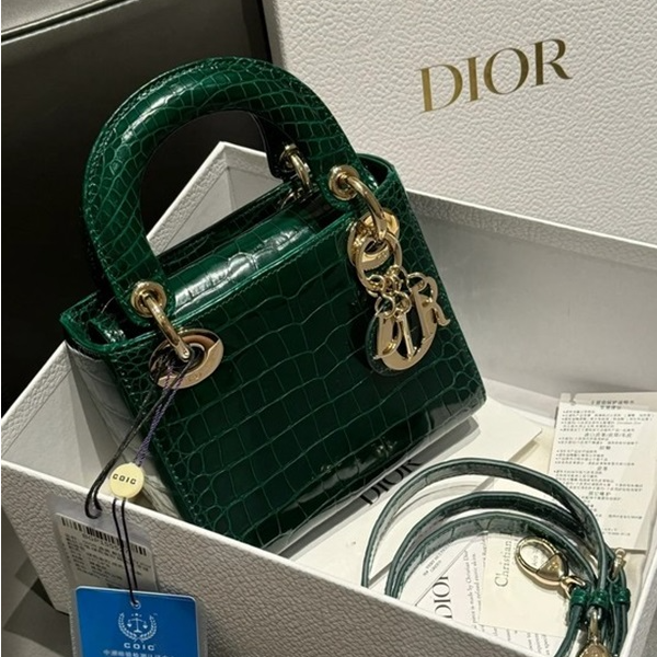99新 DIOR/迪奥 小花柳 戴妃包 三格 绿色 鳄鱼皮 金扣 2017 