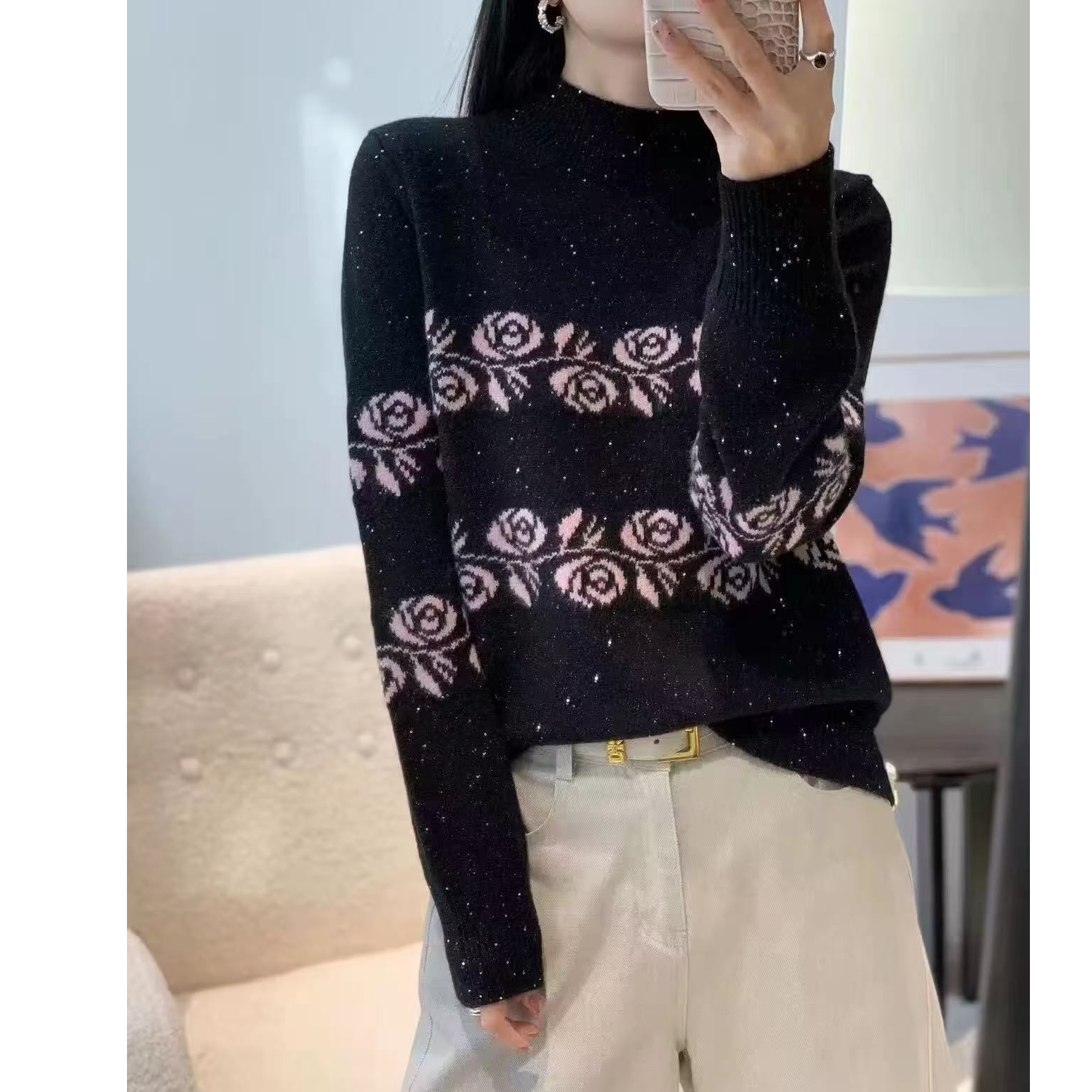 欧货玫瑰提花针织衫女冬季新款亮片黑色半高领毛衣加厚打底衫