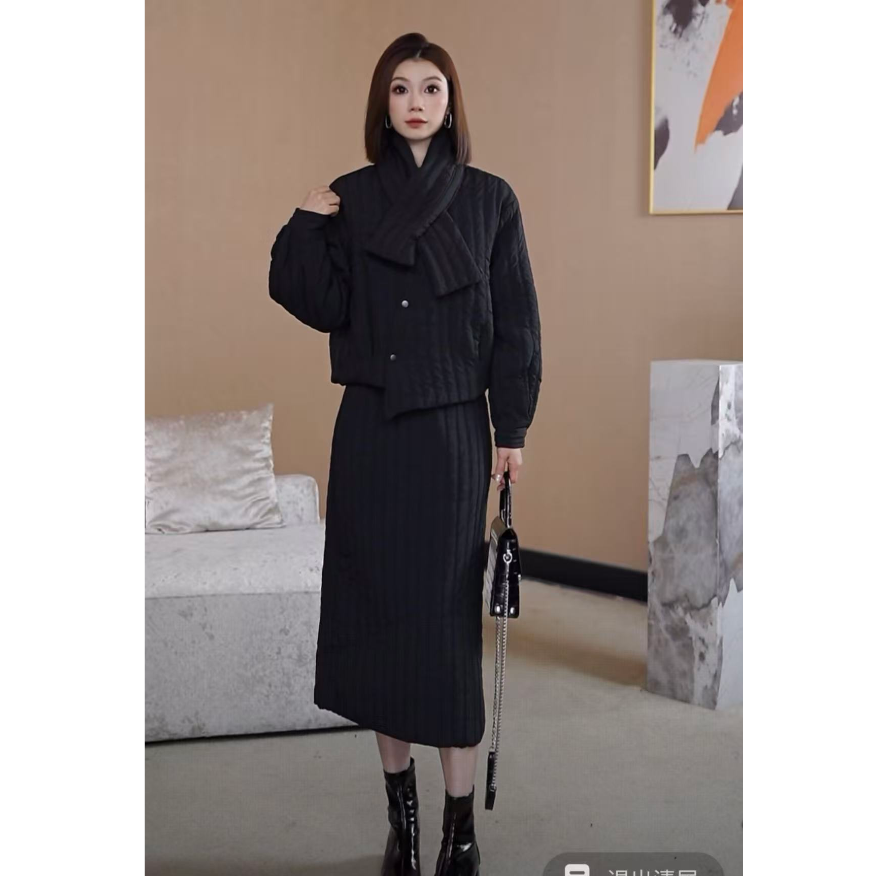 冬季小众设计感纹理套装夹棉加厚3161外套半身裙+围巾通勤三件套