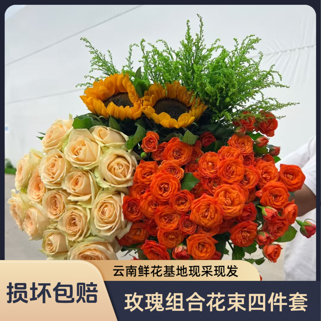 【香槟10支+橙色芭比10支+向日葵2支+黄莺】两单冷链配草三单送花瓶