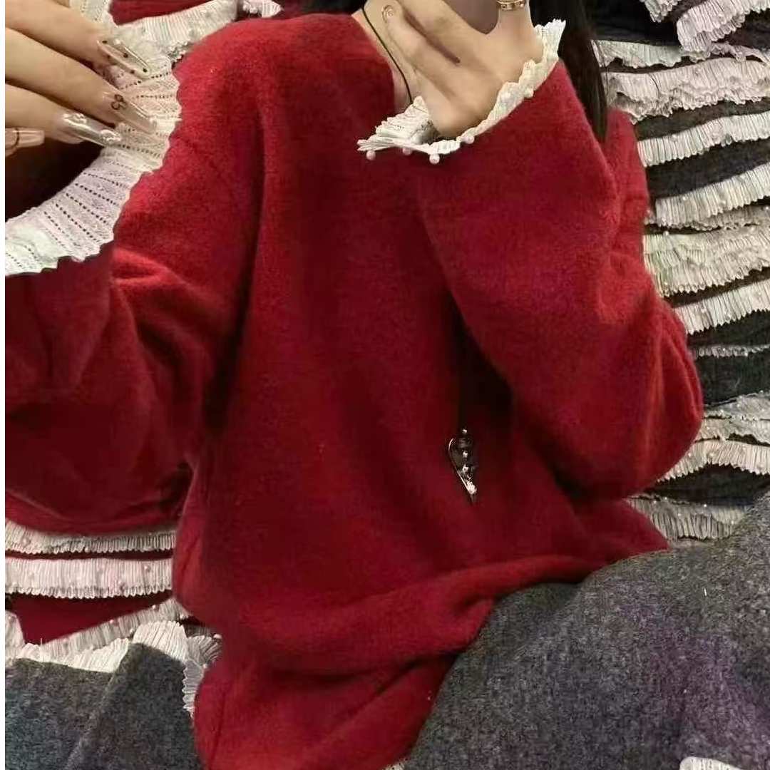 韩版拼接中长款V领重工蕾丝钉珠边毛呢上衣