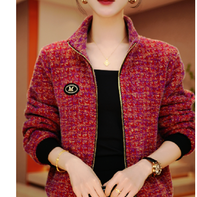 酒红杂纹-新款双面穿加绒印花气质上衣外套百搭显瘦时尚