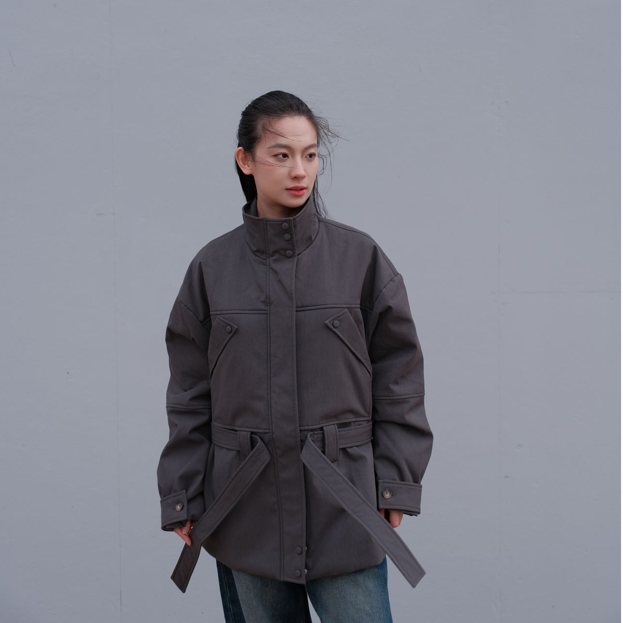 立领厚款极简风秋冬中长外套防风防水宽松韩版日系户外复古