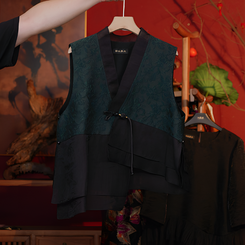 【芳菲入梦】BF33180墨绿色浮雕花拼接提花黑色马甲