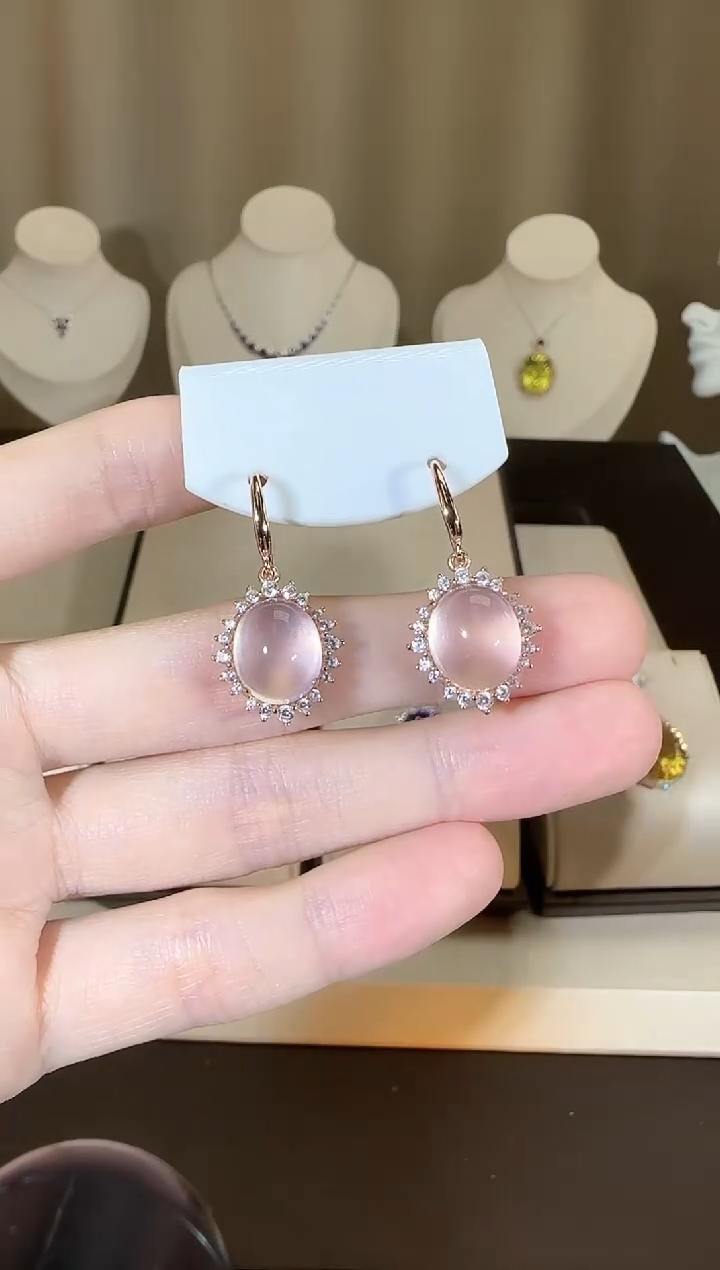 【闪购商品】芙蓉石耳饰银S925镶嵌10*12mm耳钩款粉水晶