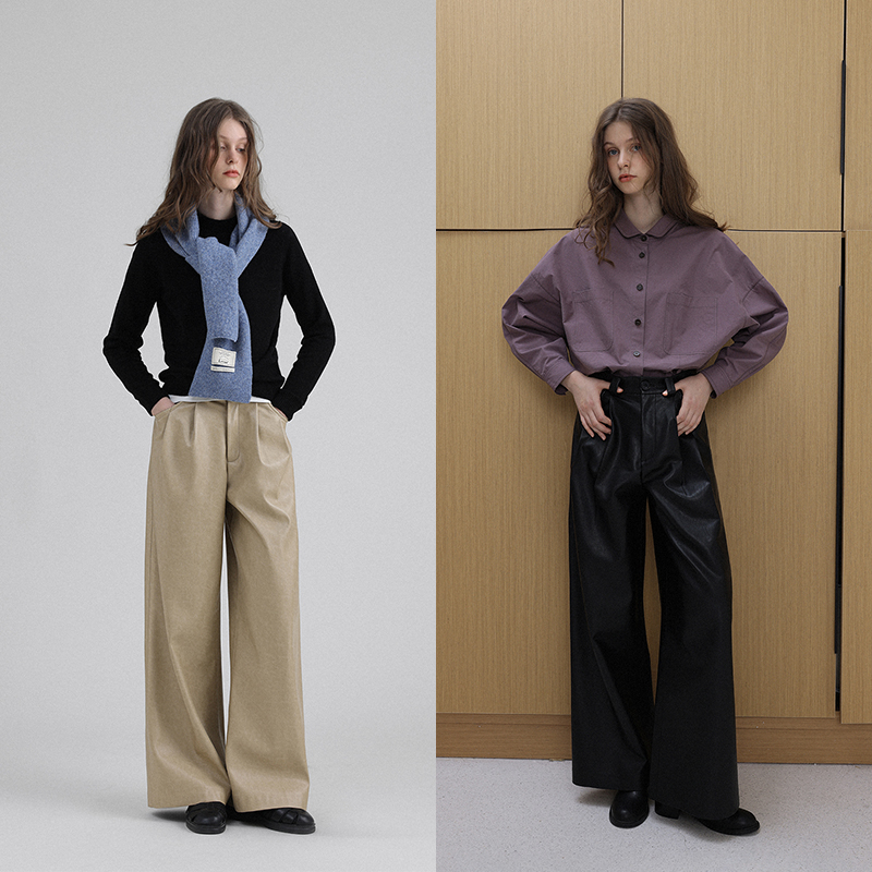 LETM北欧citywalk肌理感高腰阔腿皮裤拖地裤休闲裤女