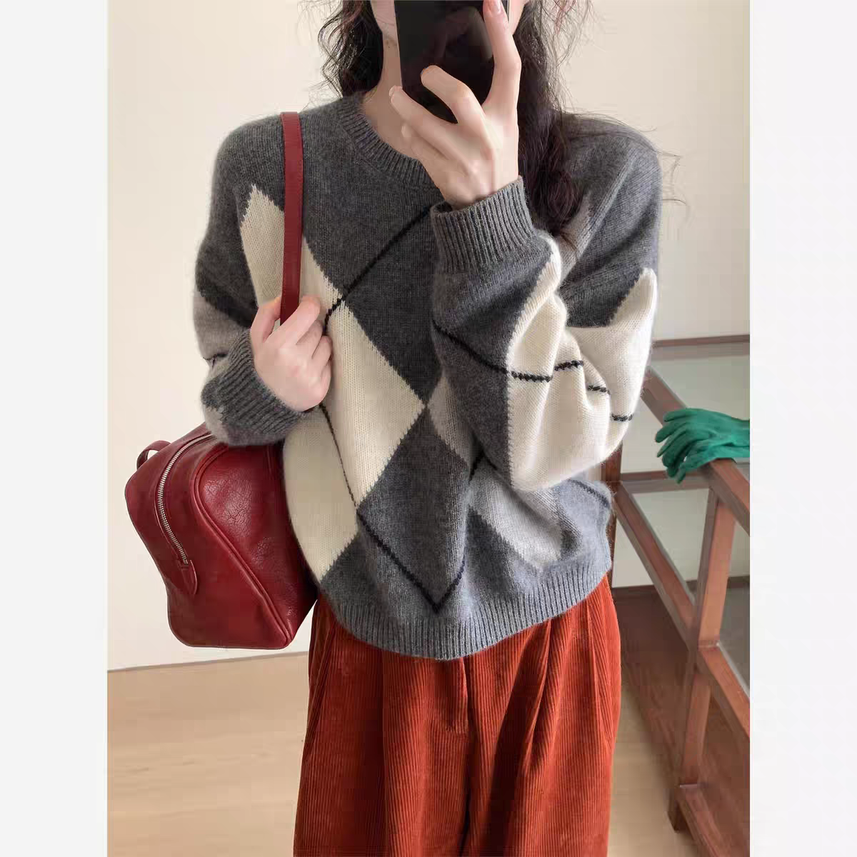 韩系简约纯色加厚长袖针织菱格圆领基础套头毛衣女