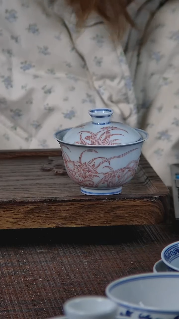 【闪购商品】折葵非器手工手绘石兰图盖碗