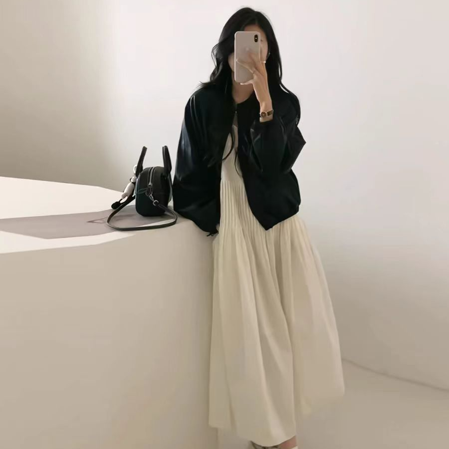 【毛毛专属】纯色压褶吊带连衣裙+PU外套   