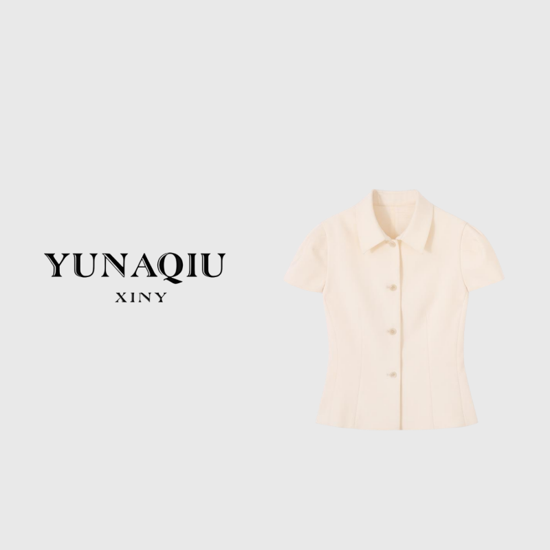 YUNAQIU 时尚轻奢气质小众翻领显瘦纯色简约短袖衬衣-3131